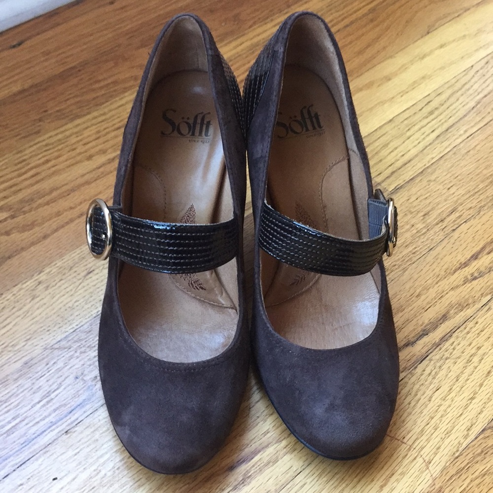 Brown Suede Mary Jane Heels with Buckle Strap